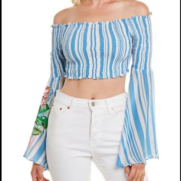 Rococo Sand Blossom Floral Bell Wide Sleeve Smocked Body Crop Off Shoulder Top - Picture 1 of 7
